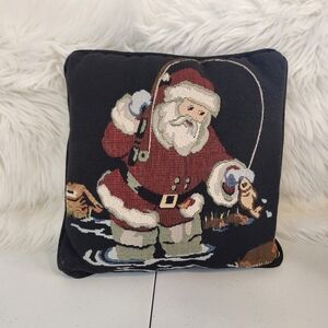 Vintage Tapestry Pillow Square Fishing Santa Claus Christmas Decor 1990s Fish